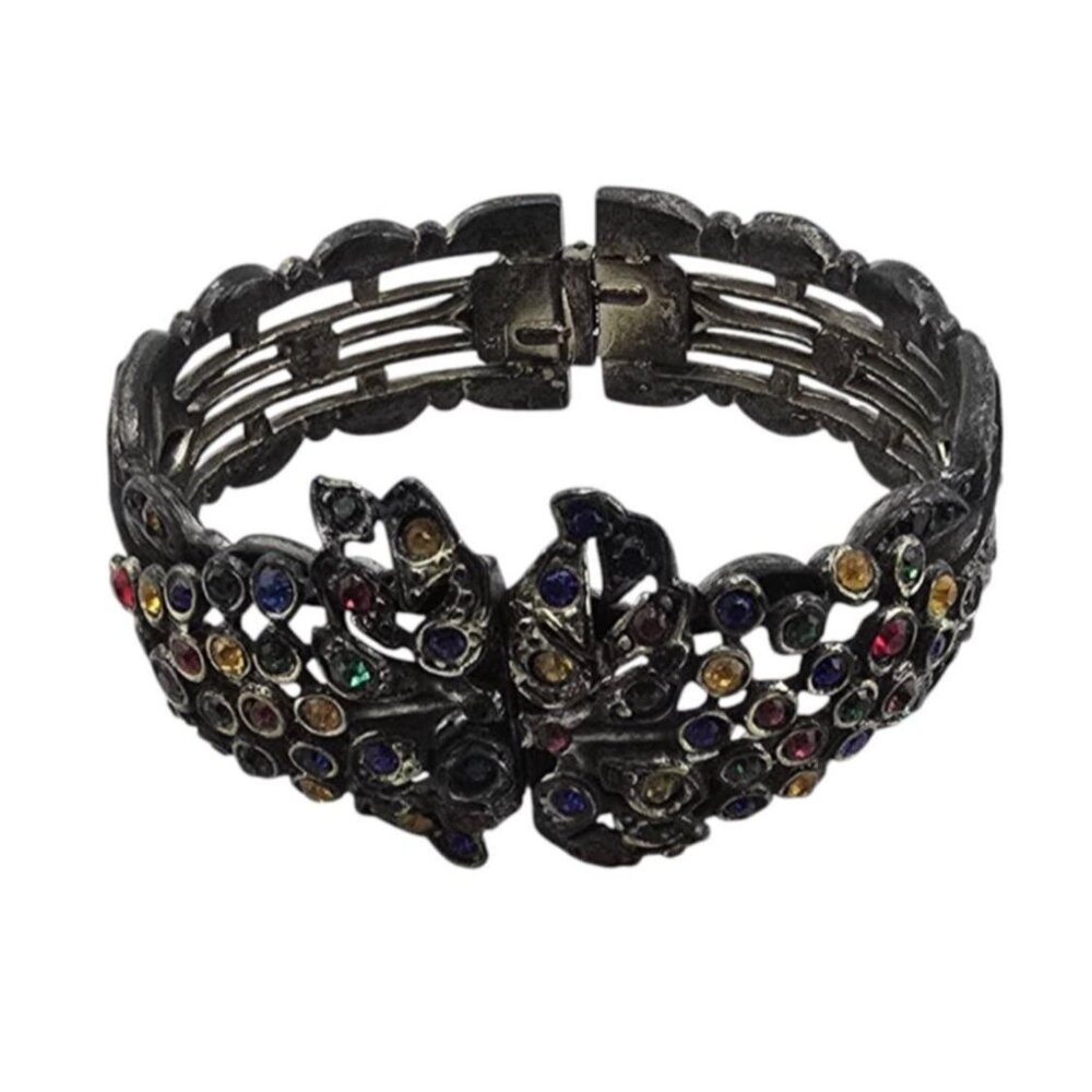 Antique Czech Style Pot Metal Rhinestone Hinged Bangle Bracelet (A1986)